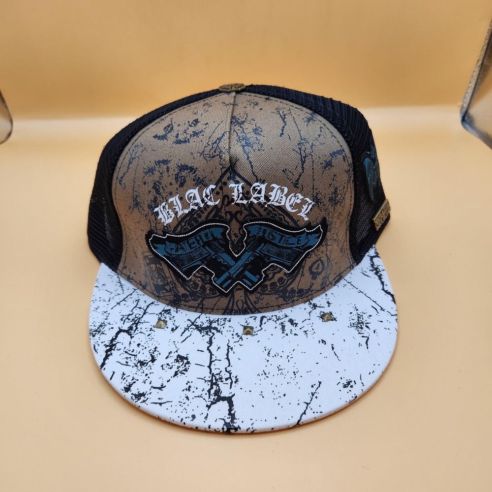 Blac Label‎ Hat Cap Snap Back Brown White Trucker Mesh Embroidered Studded Mens